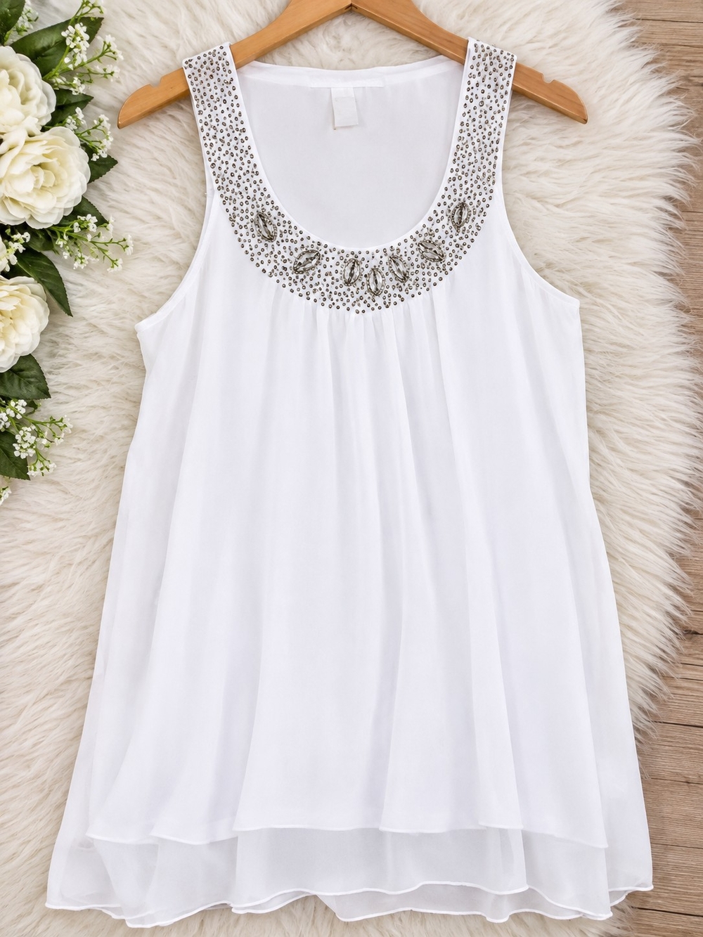 Design History White Embellished Sleeveless Layered Tank